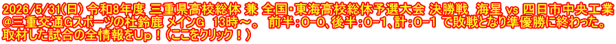 2026/5/31(日) 令和8年度 三重県高校総体 兼 全国・東海高校総体予選大会 決勝戦  海星 vs 四日市中央工業 @三重交通Gスポーツの杜鈴鹿 メインG  13時～。  前半：０-０､後半：０-１､計：０-１ で敗戦となり準優勝に終わった。 取材した試合の全情報をＵｐ！（ここをクリック！）
