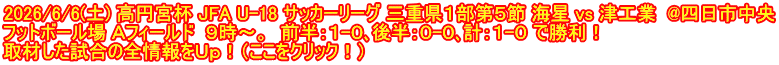 2026/6/6(土) 高円宮杯 JFA U-18 サッカーリーグ 三重県１部第５節 海星 vs 津工業  @四日市中央 フットボール場 Ａフィールド  ９時～。  前半：１-０､後半：０-０､計：１-０ で勝利！ 取材した試合の全情報をＵｐ！（ここをクリック！）