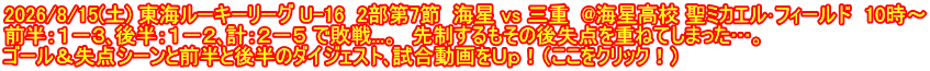2026/8/15(土) 東海ルーキーリーグ U-16  2部第7節  海星 vs 三重  @海星高校 聖ミカエル･フィールド　10時～ 前半：１－３､後半：１－２､計：２－５ で敗戦...。　先制するもその後失点を重ねてしまった…。 ゴール＆失点シーンと前半と後半のダイジェスト､試合動画をＵｐ！（ここをクリック！）