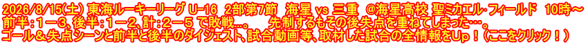 2026/8/15(土) 東海ルーキーリーグ U-16  2部第7節  海星 vs 三重  @海星高校 聖ミカエル･フィールド　10時～ 前半：１－３､後半：１－２､計：２－５ で敗戦...。　　先制するもその後失点を重ねてしまった…。 ゴール＆失点シーンと前半と後半のダイジェスト､試合動画等､取材した試合の全情報をＵｐ！（ここをクリック！）