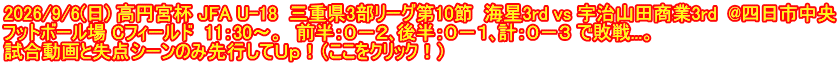 2026/9/6(日) 高円宮杯 JFA U-18  三重県3部リーグ第10節  海星3rd vs 宇治山田商業3rd  @四日市中央 フットボール場 Cフィールド  11：30～。　前半：０－２､後半：０－１､計：０－３ で敗戦...。 試合動画と失点シーンのみ先行してＵｐ！（ここをクリック！）
