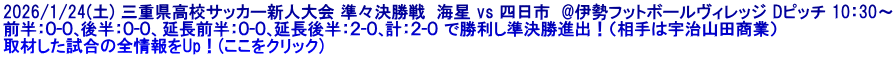 2026/1/24(土) 三重県高校サッカー新人大会 準々決勝戦  海星 vs 四日市  @伊勢フットボールヴィレッジ Dピッチ 10：30～ 前半：０-０､後半：０-０、延長前半：０-０､延長後半：２-０､計：２-０ で勝利し準決勝進出！（相手は宇治山田商業）  取材した試合の全情報をUp！(ここをクリック)